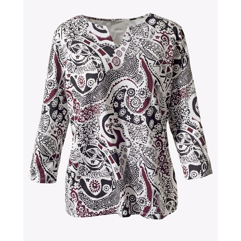 NEW Weekends by Chico's Retro Scrolls Long Top 3/4 Sleeve XL NWT Size 3 0018